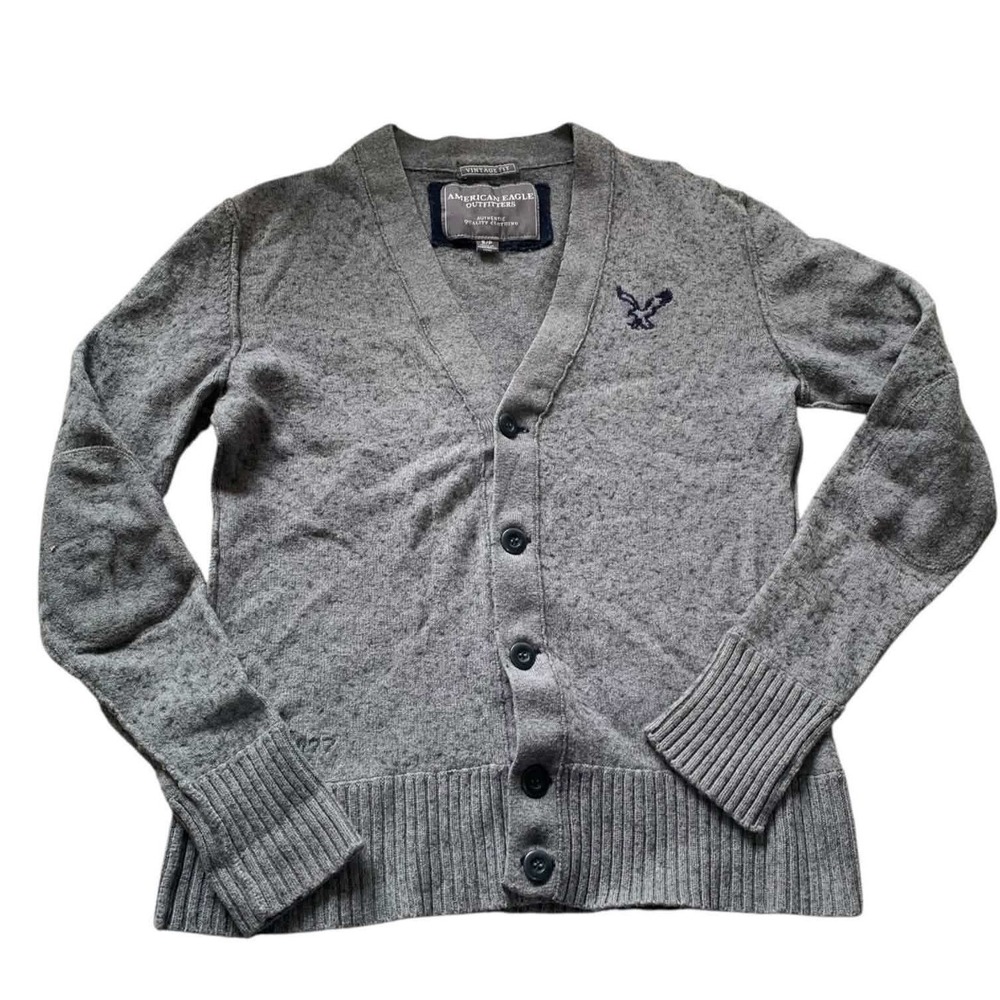 American Eagle Cardigan Sweater Unisex Small Gray Wool Blend Elbow Patch Preppy